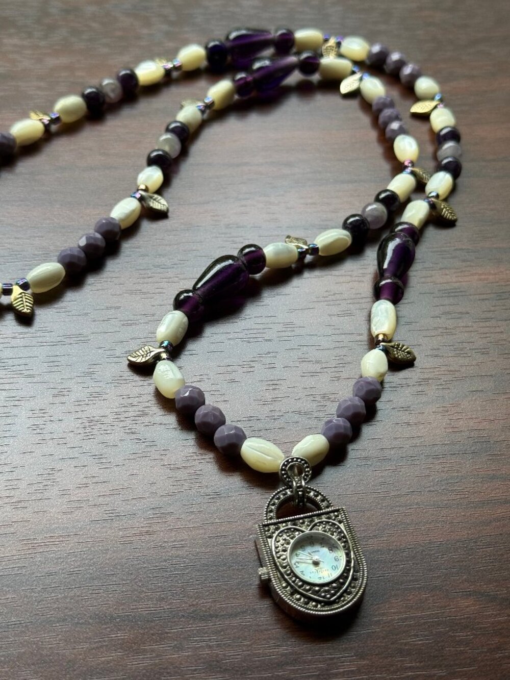 Unique Amethyst, Glass, and Shell Heart Watch Necklace with Reclaimed Beads